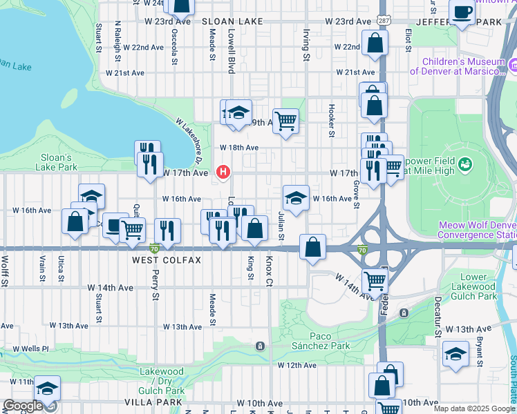 map of restaurants, bars, coffee shops, grocery stores, and more near 1586 King Street in Denver