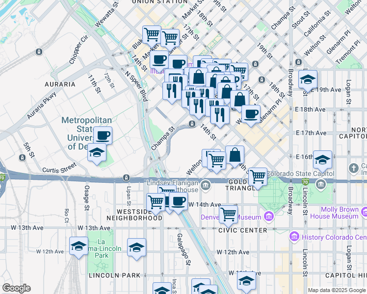 map of restaurants, bars, coffee shops, grocery stores, and more near 1 Speer Boulevard in Denver