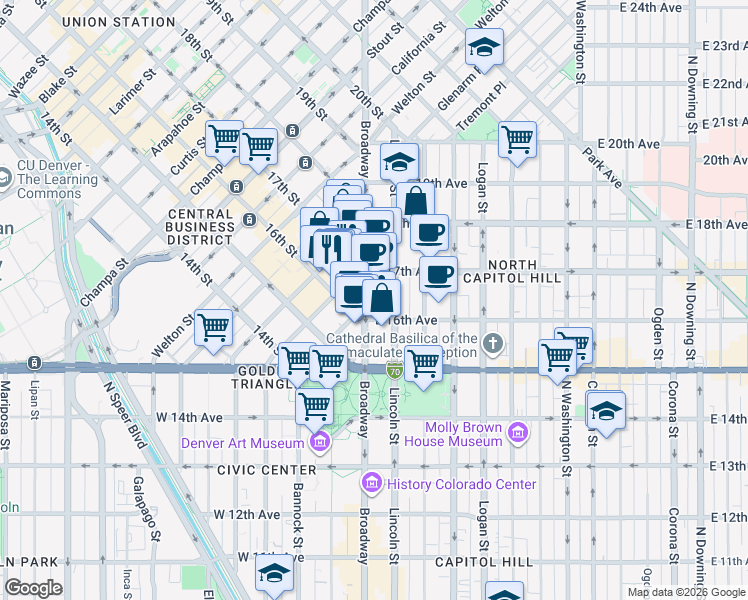 map of restaurants, bars, coffee shops, grocery stores, and more near 1670 Broadway in Denver