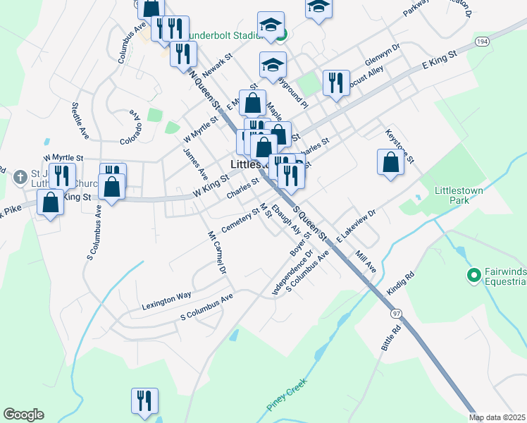 map of restaurants, bars, coffee shops, grocery stores, and more near 102 Cemetery Street in Littlestown