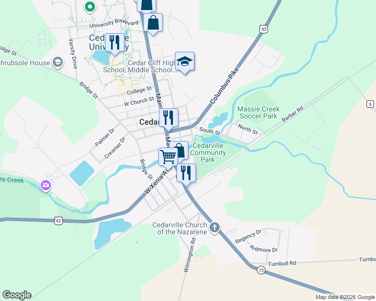 map of restaurants, bars, coffee shops, grocery stores, and more near 41 East Cedar Street in Cedarville
