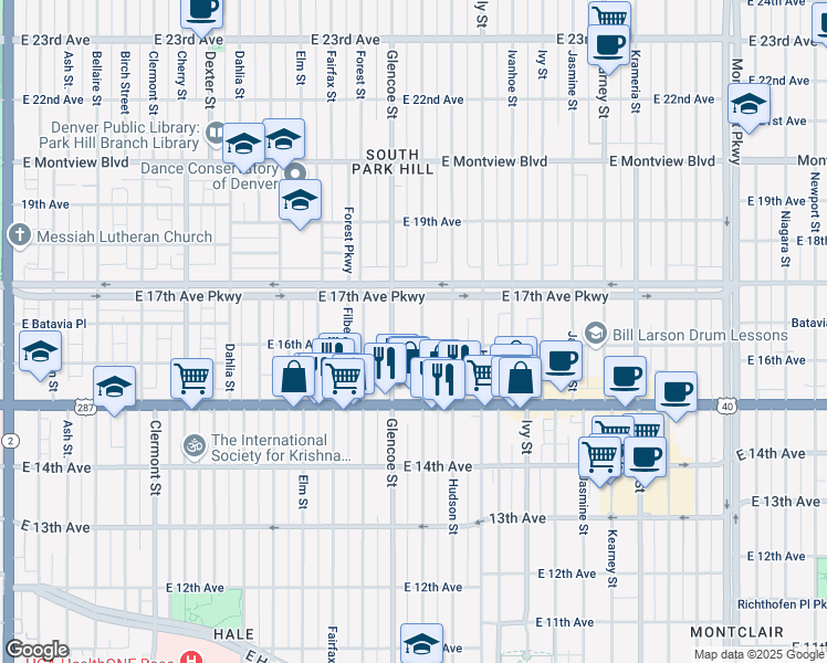 map of restaurants, bars, coffee shops, grocery stores, and more near 1631 Grape Street in Denver