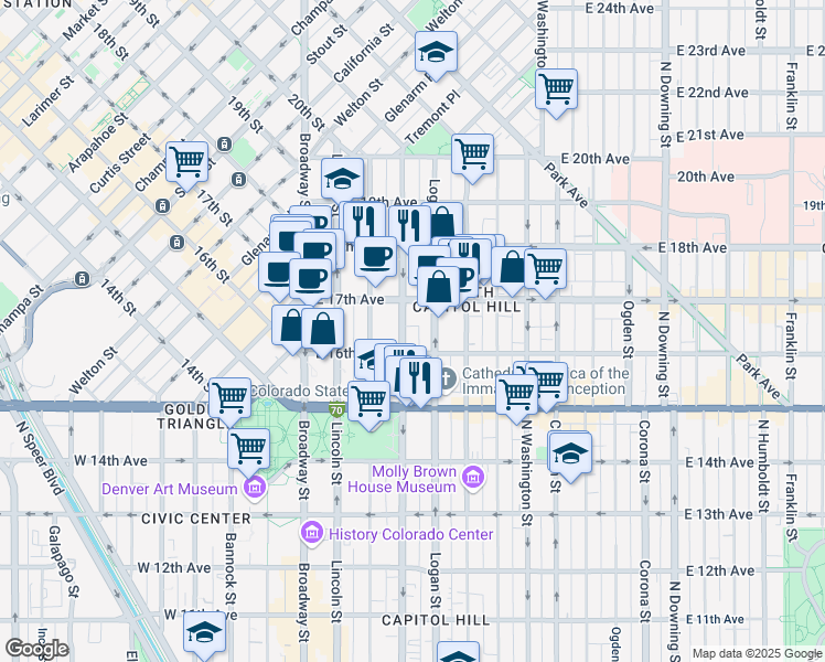map of restaurants, bars, coffee shops, grocery stores, and more near 1640 Grant Street in Denver