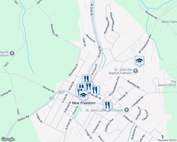 map of restaurants, bars, coffee shops, grocery stores, and more near 226 North 2nd Street in New Freedom