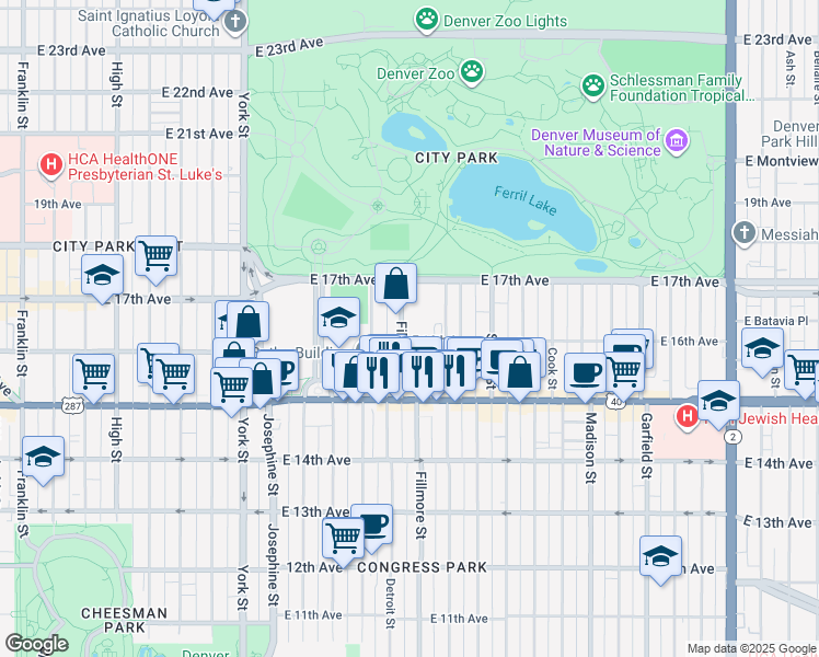 map of restaurants, bars, coffee shops, grocery stores, and more near 1600 Fillmore Street in Denver