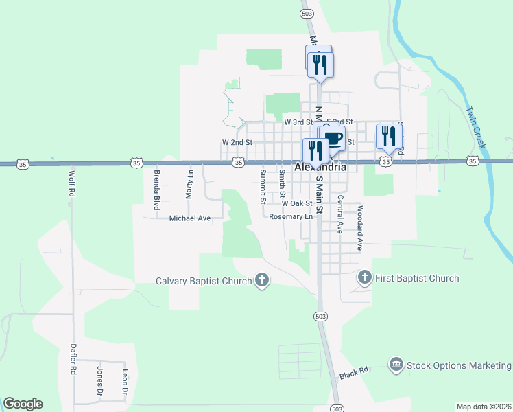 map of restaurants, bars, coffee shops, grocery stores, and more near 100 Summit Street in West Alexandria