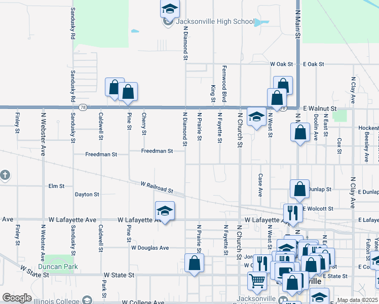 map of restaurants, bars, coffee shops, grocery stores, and more near 1000-1098 N Diamond St in Jacksonville