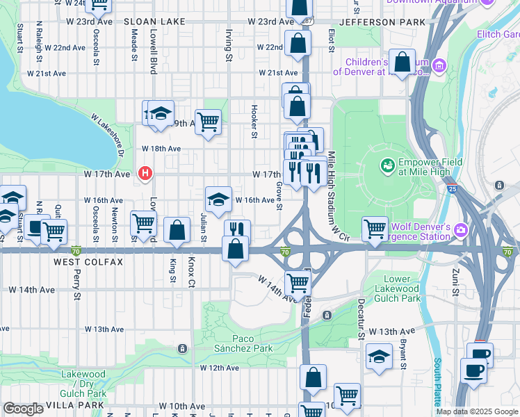 map of restaurants, bars, coffee shops, grocery stores, and more near 1597 Hooker Street in Denver