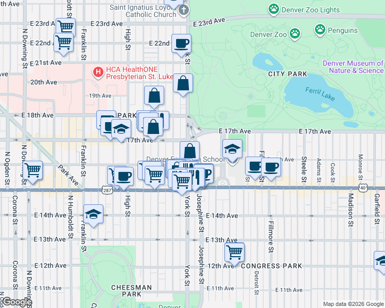 map of restaurants, bars, coffee shops, grocery stores, and more near 1642 York Street in Denver