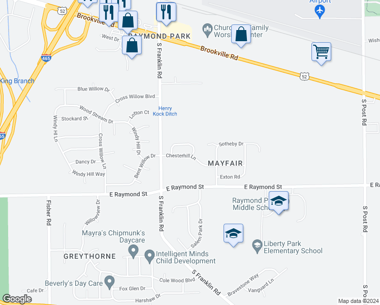 map of restaurants, bars, coffee shops, grocery stores, and more near 8343 Chesterhill Way in Indianapolis