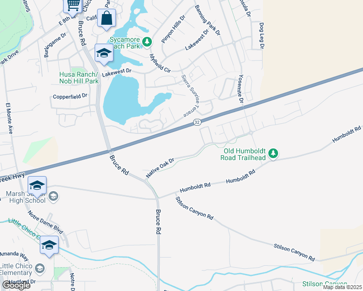 map of restaurants, bars, coffee shops, grocery stores, and more near 2768 Native Oak Drive in Chico