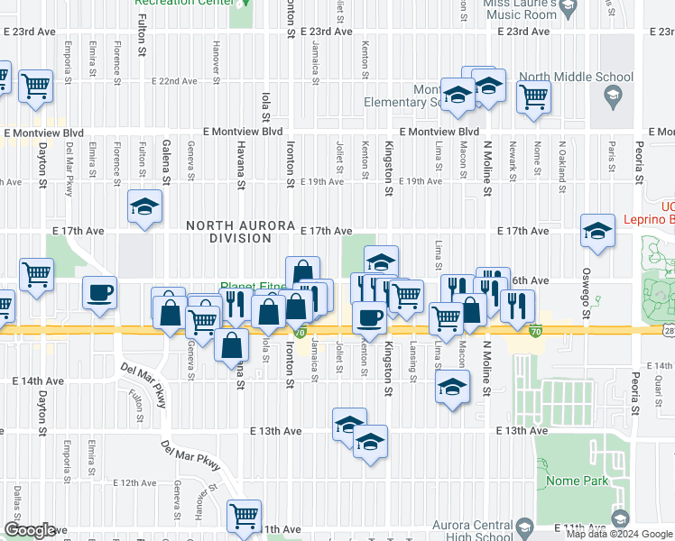 map of restaurants, bars, coffee shops, grocery stores, and more near 1615 Joliet Street in Aurora