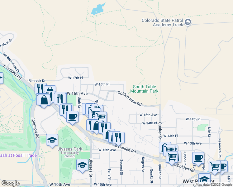 map of restaurants, bars, coffee shops, grocery stores, and more near 16911 Golden Hills Road in Golden