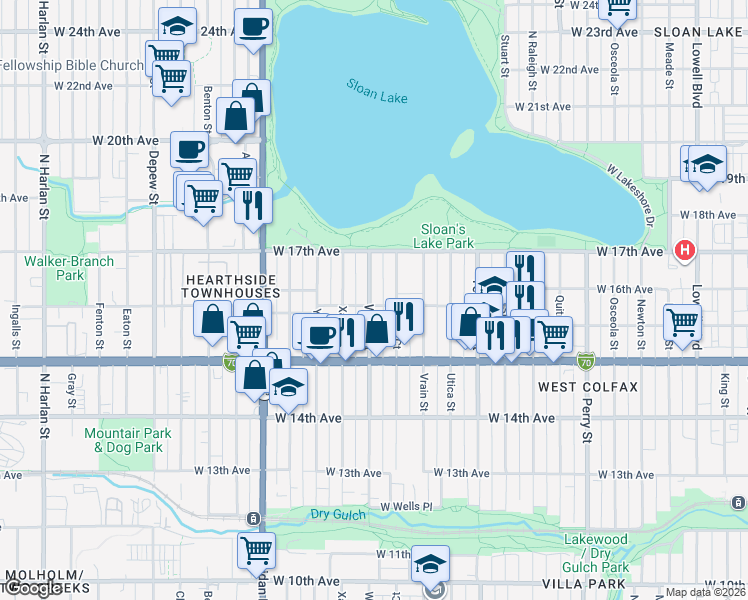 map of restaurants, bars, coffee shops, grocery stores, and more near 1605 Winona Court in Denver