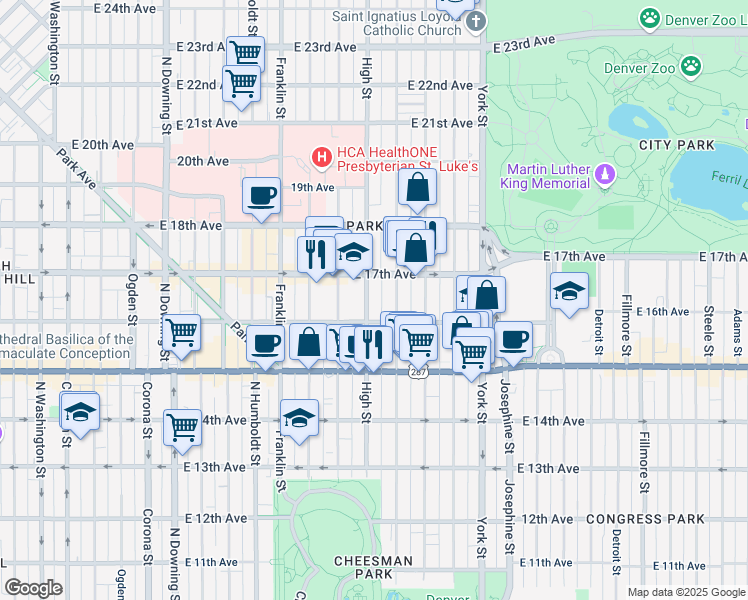 map of restaurants, bars, coffee shops, grocery stores, and more near 1645 Race Street in Denver