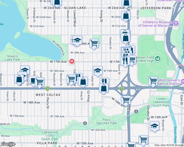 map of restaurants, bars, coffee shops, grocery stores, and more near 1585 Julian Street in Denver
