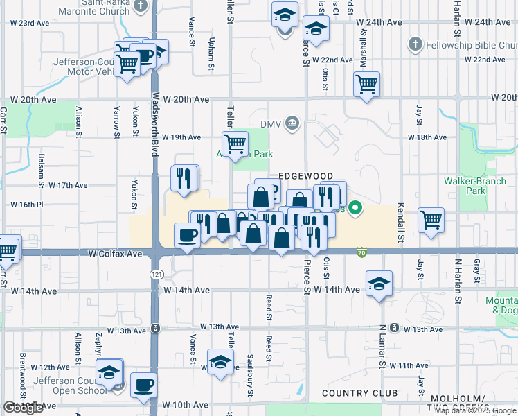 map of restaurants, bars, coffee shops, grocery stores, and more near 1615 Reed Street in Lakewood