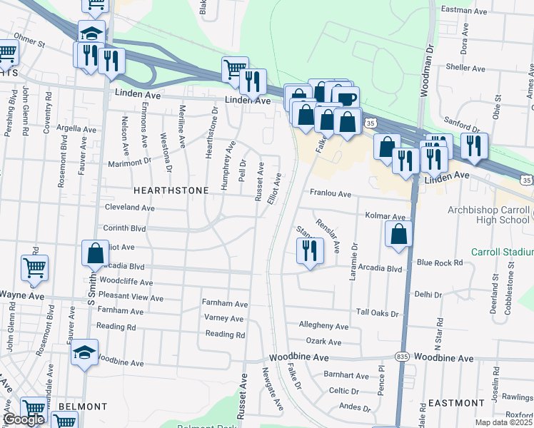 map of restaurants, bars, coffee shops, grocery stores, and more near 1723 Russet Avenue in Dayton