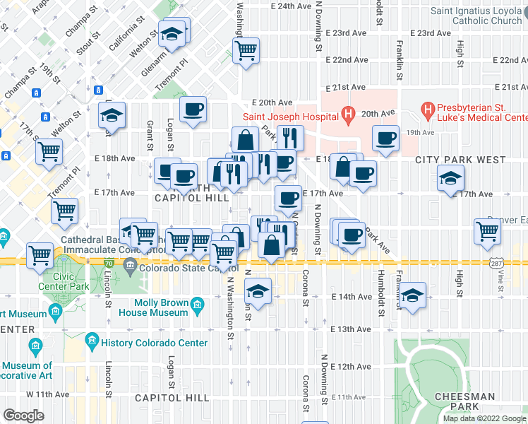 map of restaurants, bars, coffee shops, grocery stores, and more near 1644 Emerson Street in Denver