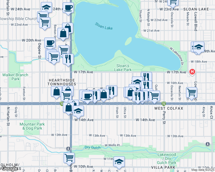 map of restaurants, bars, coffee shops, grocery stores, and more near 1605 Winona Court in Denver