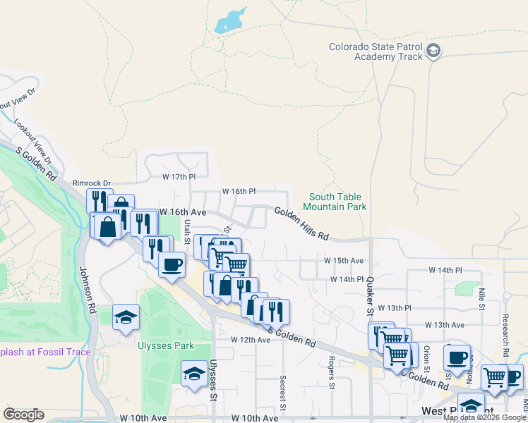 map of restaurants, bars, coffee shops, grocery stores, and more near 1603 Secrest Street in Golden