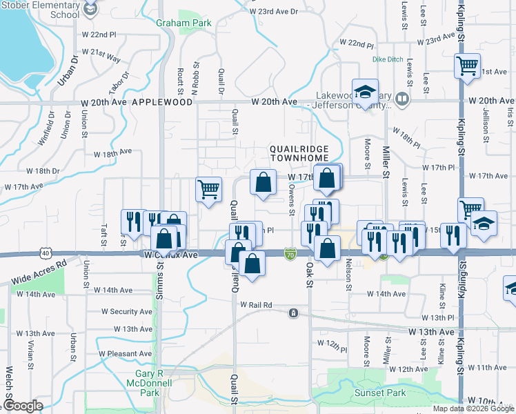 map of restaurants, bars, coffee shops, grocery stores, and more near 1655 Pierson Street in Lakewood