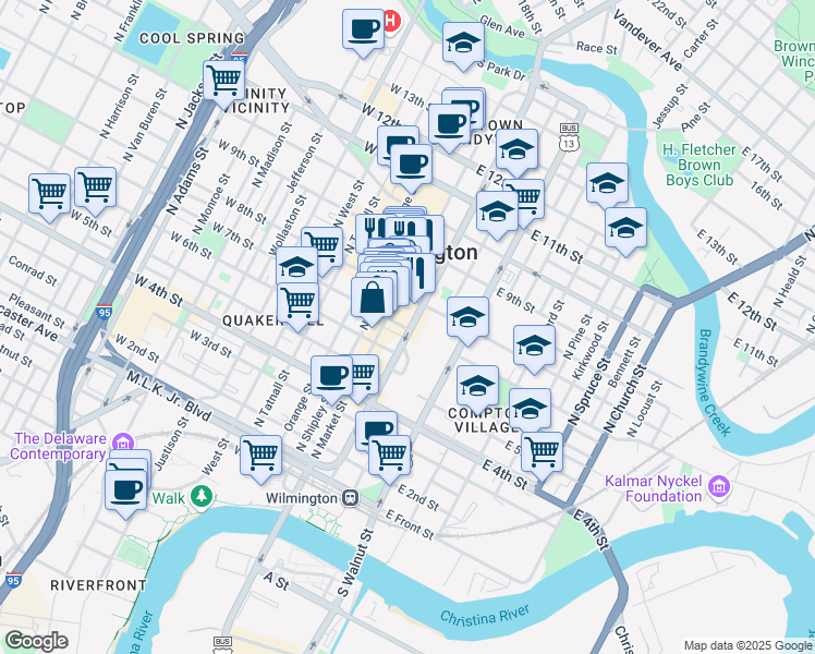 map of restaurants, bars, coffee shops, grocery stores, and more near 701 North King Street in Wilmington