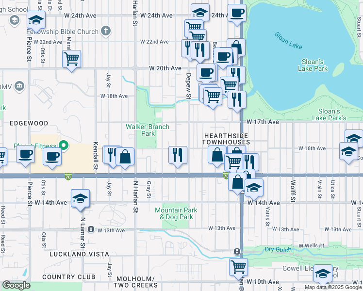 map of restaurants, bars, coffee shops, grocery stores, and more near 5631 West 16th Avenue in Denver