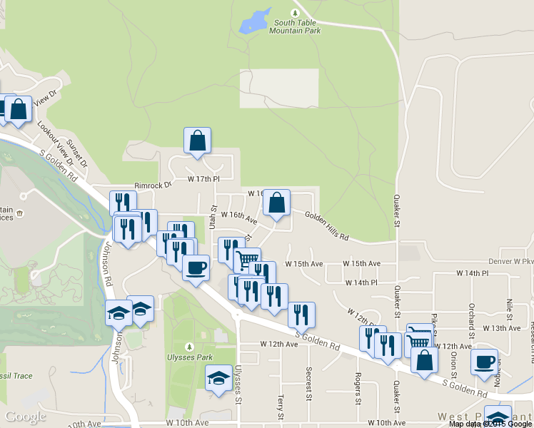 map of restaurants, bars, coffee shops, grocery stores, and more near 17130 Golden Hills Place in Golden