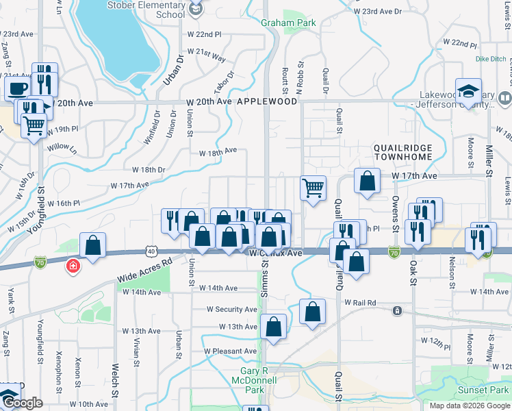 map of restaurants, bars, coffee shops, grocery stores, and more near 1625 Simms Street in Lakewood