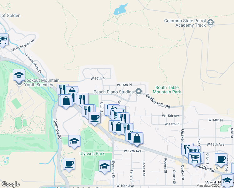 map of restaurants, bars, coffee shops, grocery stores, and more near 1600 Ulysses Court in Golden