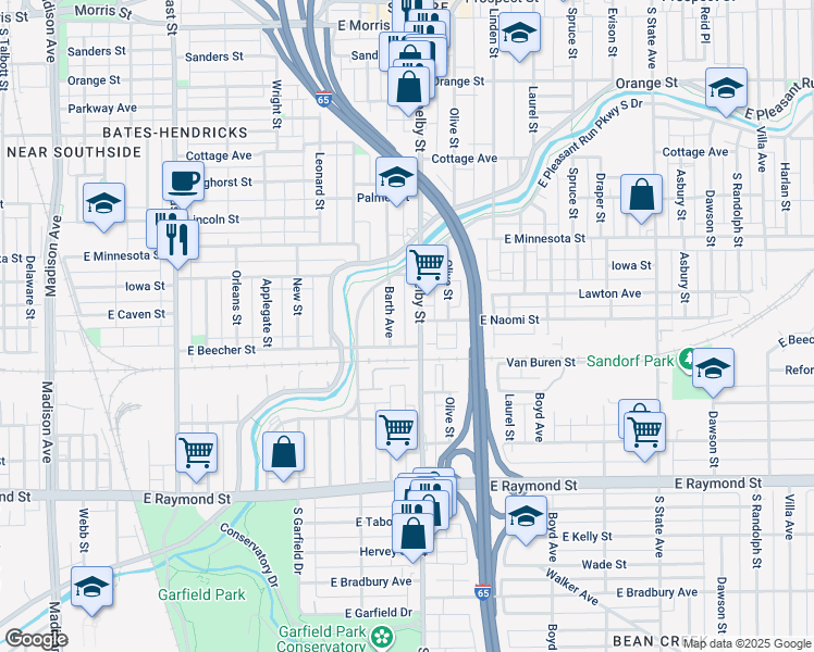 map of restaurants, bars, coffee shops, grocery stores, and more near 1860 Shelby Street in Indianapolis