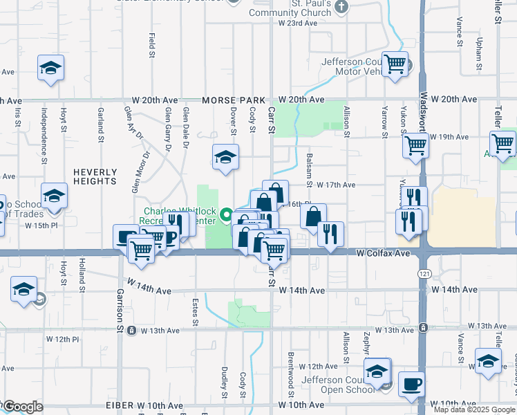 map of restaurants, bars, coffee shops, grocery stores, and more near 1625 Carr Street in Lakewood
