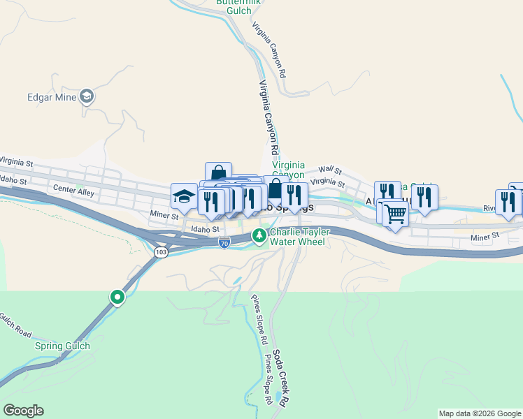 map of restaurants, bars, coffee shops, grocery stores, and more near 222 17th Ave in Idaho Springs
