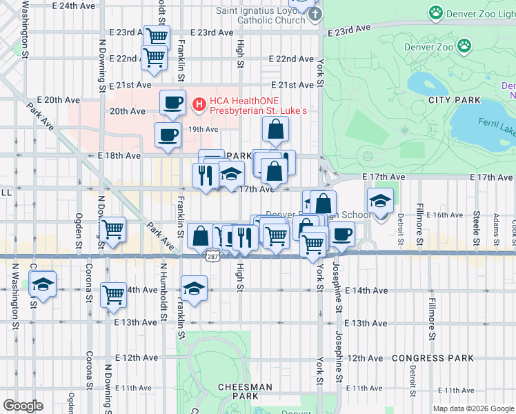 map of restaurants, bars, coffee shops, grocery stores, and more near 1645 Race Street in Denver