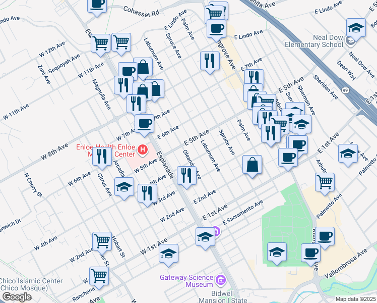 map of restaurants, bars, coffee shops, grocery stores, and more near 1436 Oleander Avenue in Chico