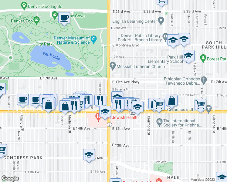 map of restaurants, bars, coffee shops, grocery stores, and more near 4022 Batavia Place in Denver