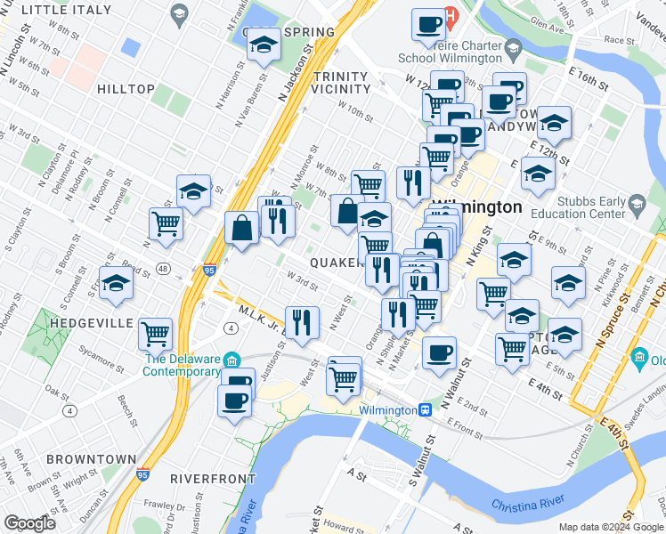 map of restaurants, bars, coffee shops, grocery stores, and more near 405 North Washington Street in Wilmington