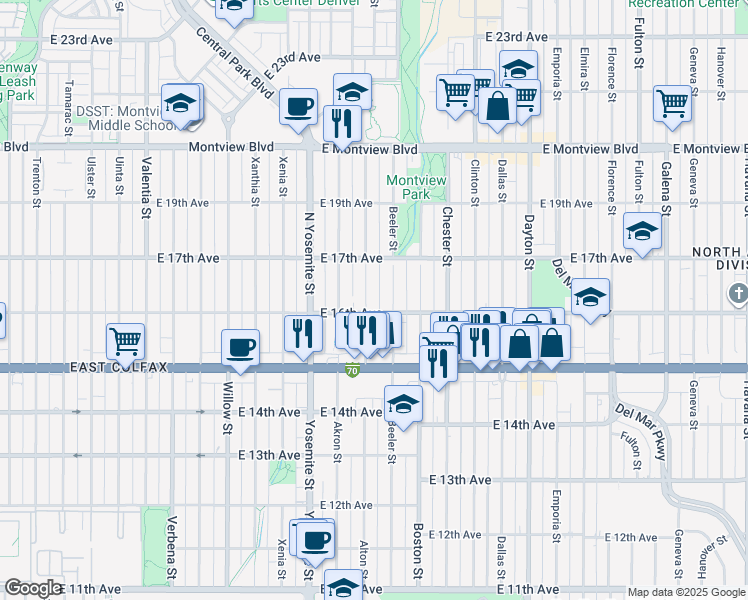 map of restaurants, bars, coffee shops, grocery stores, and more near 1625 Beeler Street in Aurora