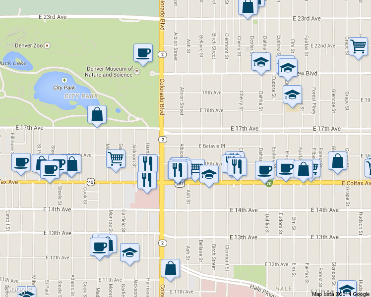 map of restaurants, bars, coffee shops, grocery stores, and more near 1646 Albion Street in Denver