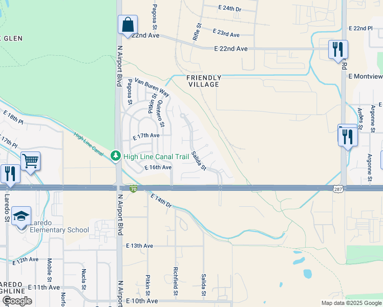 map of restaurants, bars, coffee shops, grocery stores, and more near 17487 East Buchanan Place in Aurora
