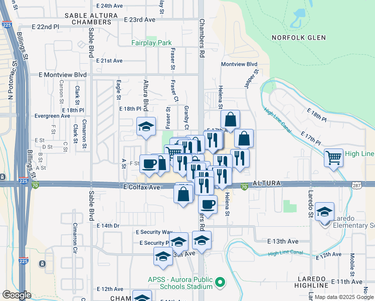 map of restaurants, bars, coffee shops, grocery stores, and more near 1613 Granby Way in Aurora