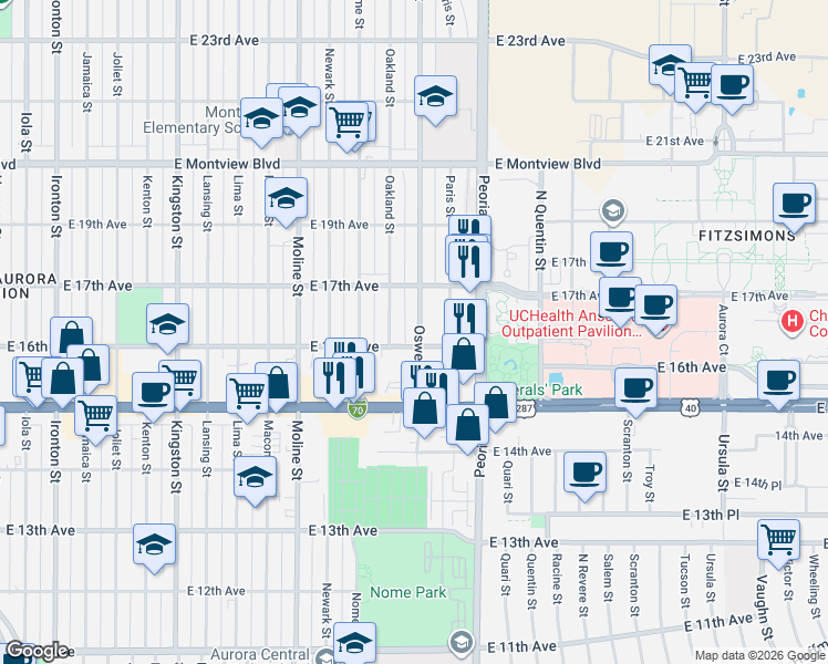 map of restaurants, bars, coffee shops, grocery stores, and more near 1616 Oakland Street in Aurora