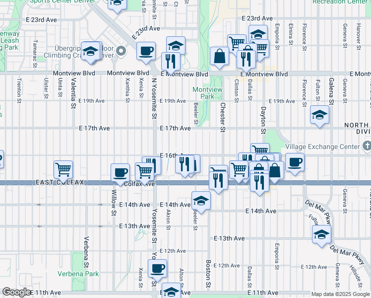 map of restaurants, bars, coffee shops, grocery stores, and more near 1625 Beeler Street in Aurora