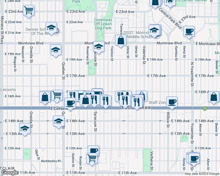 map of restaurants, bars, coffee shops, grocery stores, and more near 1621 Trenton Street in Denver