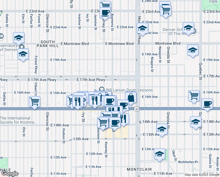 map of restaurants, bars, coffee shops, grocery stores, and more near 1624 Krameria Street in Denver