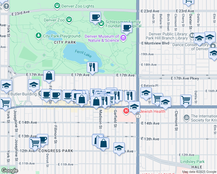 map of restaurants, bars, coffee shops, grocery stores, and more near 1635 Garfield Street in Denver