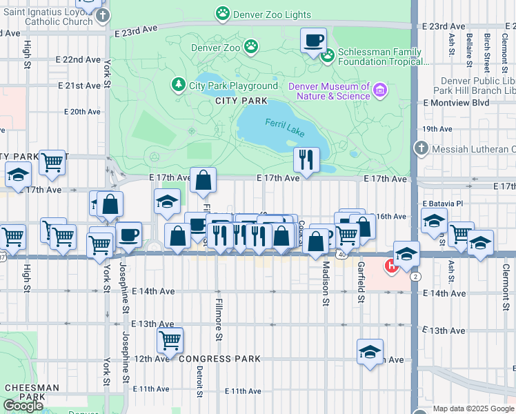 map of restaurants, bars, coffee shops, grocery stores, and more near 1623 Steele Street in Denver