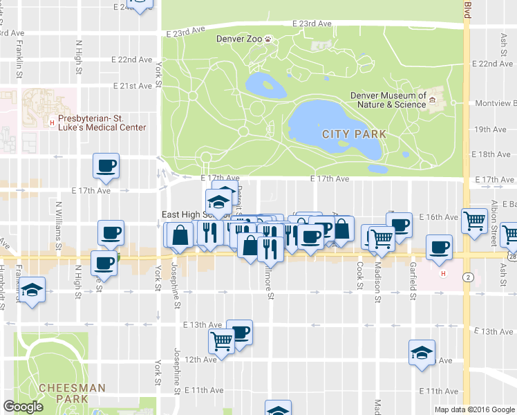 map of restaurants, bars, coffee shops, grocery stores, and more near 1633 Fillmore Street in Denver