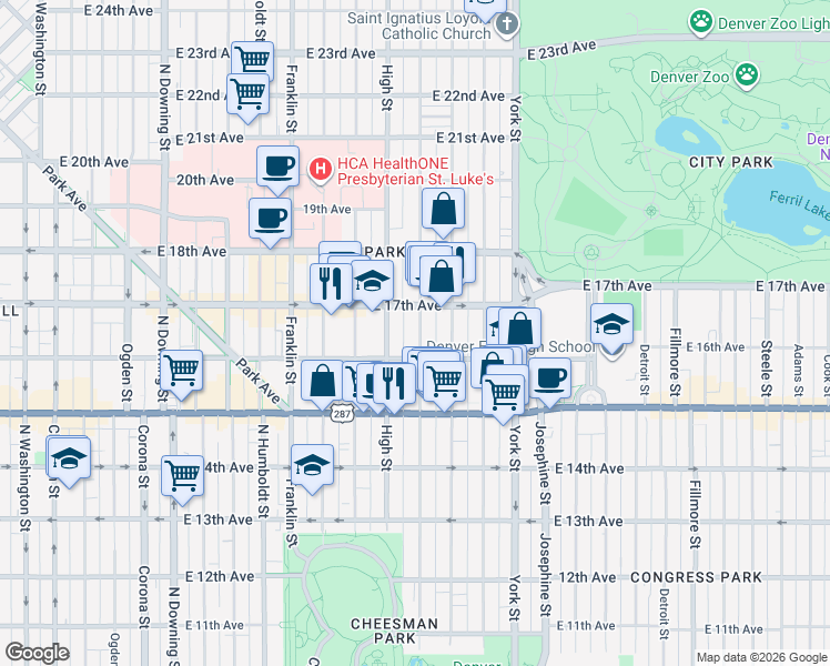 map of restaurants, bars, coffee shops, grocery stores, and more near 1645 Race Street in Denver